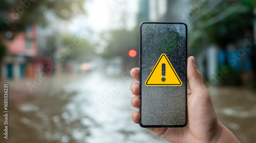 Flood alert notification on smartphone during heavy rain natural disaster
