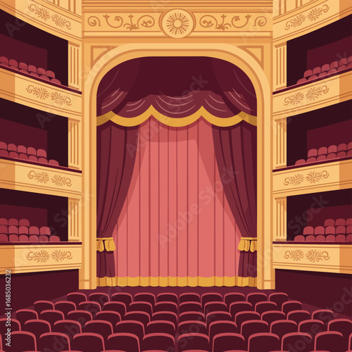 Grand empty theater stage with plush red velvet curtains and ornate balconies, creating a classic and elegant venue for a captivating performance or cultural event