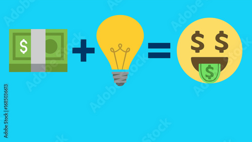 Creative concept vector illustration showing money plus idea equals dollar face emoji, symbolizing profitable ideas, business success, and innovation wealth.