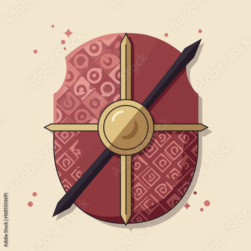 Vibrant Flat Art Illustration of an Antique Battle Shield Adorned with Unique Patterns and Overlapping Sharp Weapons
