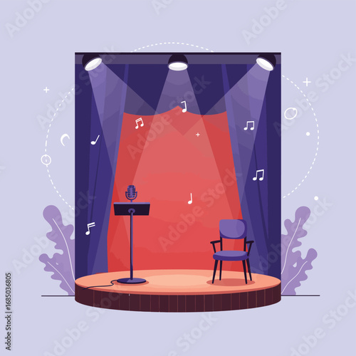 Empty stage with a microphone and chair under spotlights