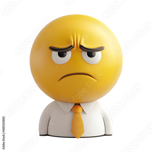 Yellow, sad emoji character wears shirt and tie. Uses include social media, posters, stickers, and digital marketing.