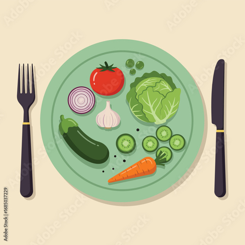 Fresh vegetables arranged on a plate with cutlery, a healthy meal choice