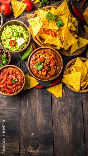 Assorted Mexican dips and chips on a rustic wooden table