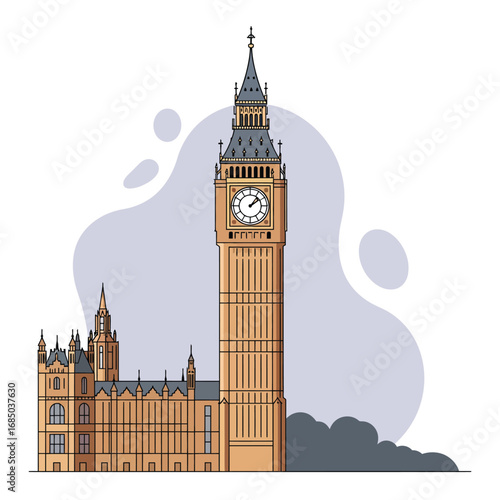 Famous London clock tower and British parliament building in a modern flat art vector illustration style