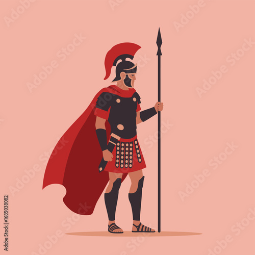 A brave ancient Roman centurion or Greek hoplite warrior character standing with a spear. Flat vector illustration of a soldier in armor and a red cape