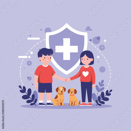 Two children shaking hands next to their pets, under a shield with a medical cross, representing health and protection