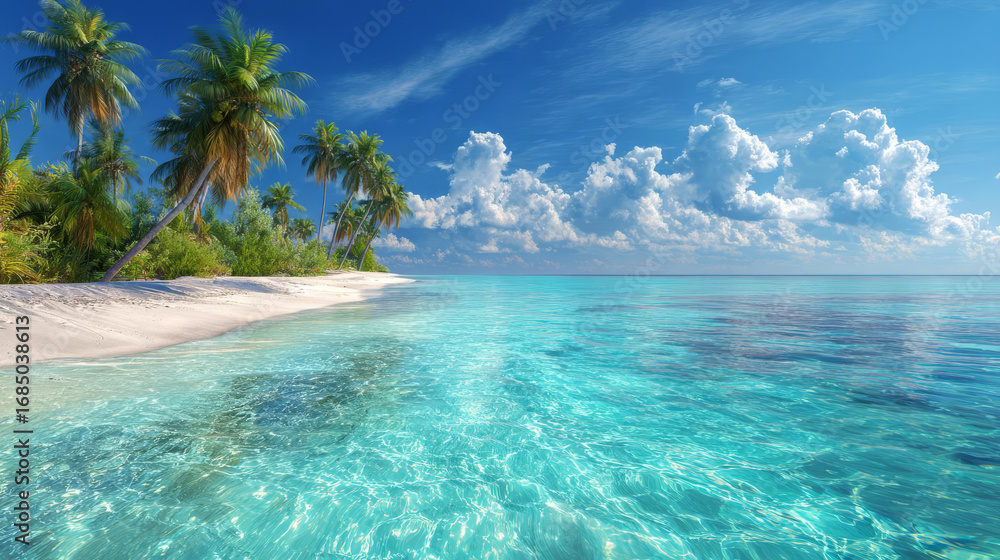 Fototapeta premium A serene tropical paradise with a white sand beach, palm trees, and crystal-clear turquoise ocean.
