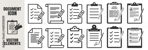 Document icons set. Checklist, certificate, clipboard, contract, paper sheet, resume, written page, scroll with text and signature. Flat vector style on transparent background.