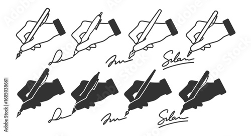 Signature icon set. Hand with pen drawing autograph or signing document. Vector illustration on transparent background.