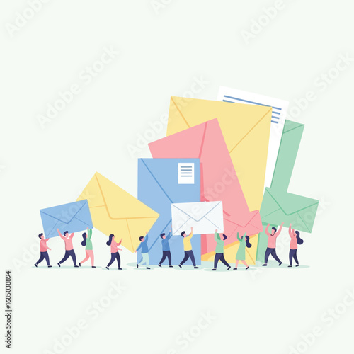 Tiny characters diligently transporting and organizing a giant stack of diverse mail, illustrating the volume of modern communication and administrative tasks