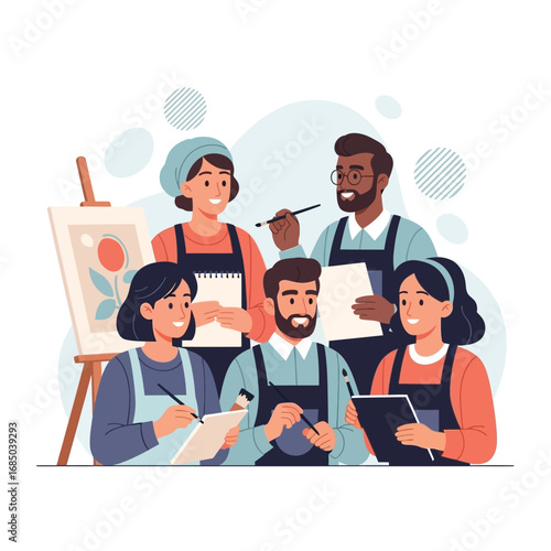 Engaging art workshop where a diverse group of creatives collaborate, learn, and express themselves through painting and drawing activities