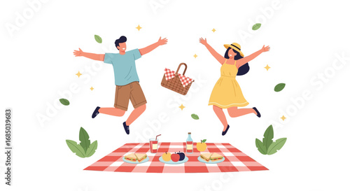 Happy couple enjoying a summer picnic with food and drinks on a checkered blanket outdoors, celebrating a joyful moment