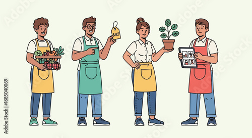 Illustration set featuring diverse small business owners showcasing a mix of local products, from farm produce to online crafts