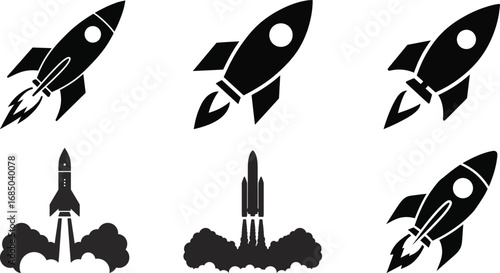Black rocket launch and flight icons spaceship spacecraft
