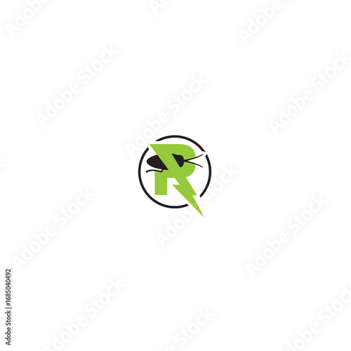 A logo featuring a stylized green letter R with a lightning bolt and a cockroach silhouette inside a black circle.