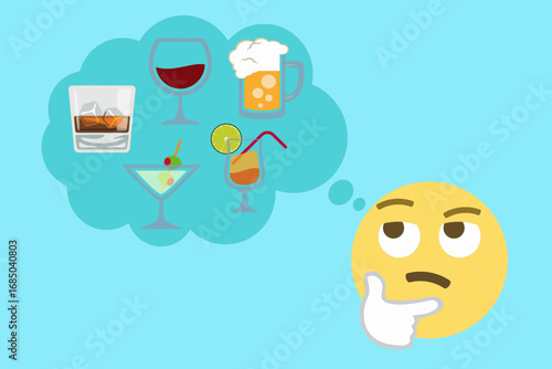 Thinking emoji face imagining different drinks including wine, beer, whiskey, and cocktail symbolizing choice, temptation, or decision about alcohol.Vector illustration.