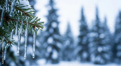 Wallpaper Mural Closeup of icy pine branches with icicles dripping in a snowy forest with blurred evergreen trees in the background Torontodigital.ca