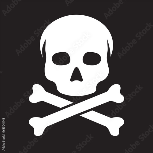 Human Skull Silhouette with Crossbones Vector Icon on Black Background. Hazard Toxic Sign or Poison Class 6. Death, Danger Logo Concept. 

