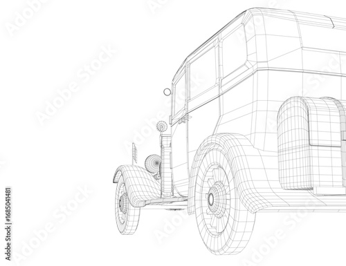 Vintage car wireframe model with detailed lines and curves, rendered in 3D on a clean white background.
