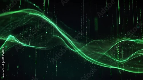 an abstract visual representation of data and technology, with streams of particles and waves of neon green light moving in a dark space.