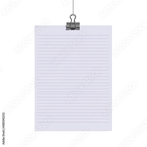 Ruled Paper Sheet Held by Metal Clip Isolated on White Background for Writing or Note Taking