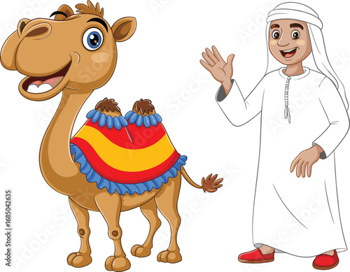 Happy young Arab boy wearing traditional white thawb and red shoes, waving hand standing next to smiling cartoon camel with colorful blanket