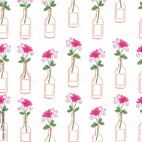 Seamless Pattern of Pink Flowers in Glass Bottles  Floral Design for Backgrounds and Textures