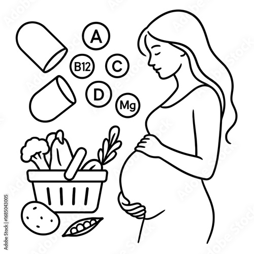 Pregnant woman with healthy food and vitamins symbolizing nutrition diet maternal health