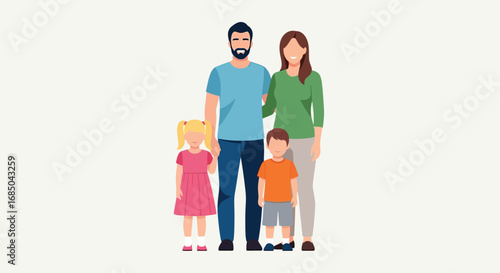 Vector illustration of a young caucasian family with two children, a son and daughter, standing together happily
