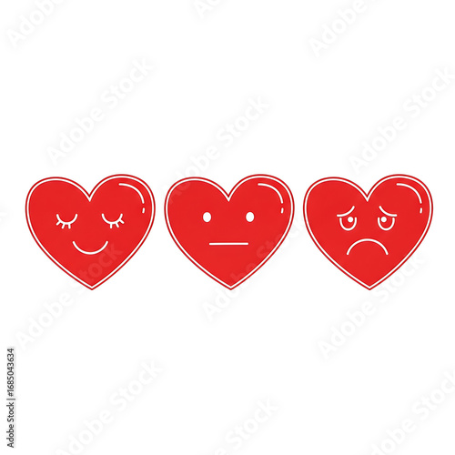 Three Red Hearts with Different Emotions  Happy Neutral and Sad  Cartoon Illustration