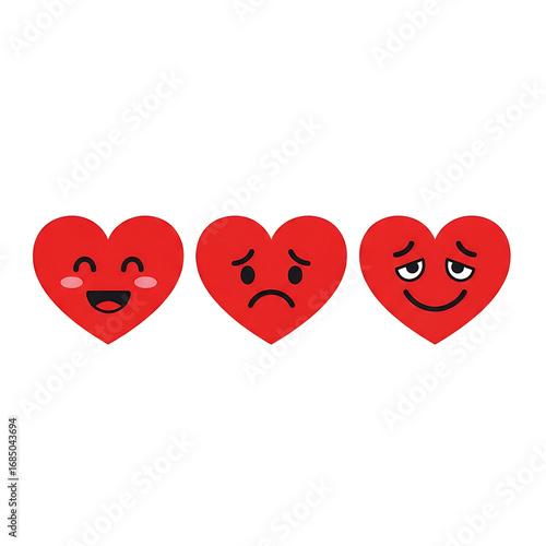 Three Red Hearts with Different Facial Expressions Showing Happy Sad and Winking Emotions