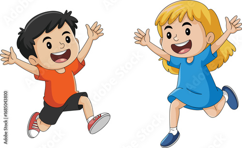 Joyful cartoon children jumping happily, smiling boy and girl illustration, playful kids vector art, childhood happiness, energetic movement, white background
