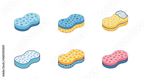 Cartoon sponges vector icon set with six colorful designs