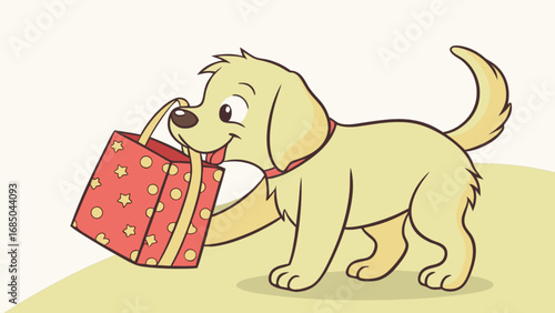 A cartoon dog carrying a red gift bag decorated with stars and circles in its mouth with joyfully