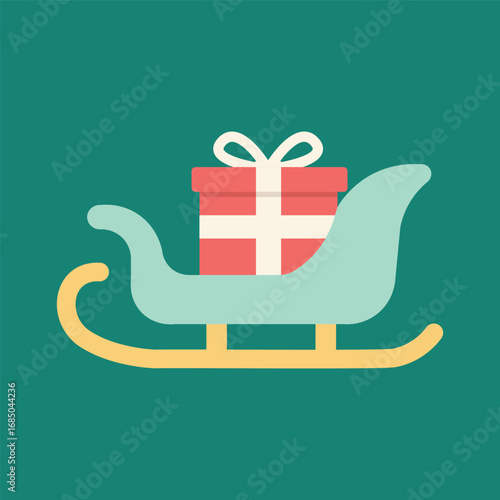 Santa sleigh with Christmas gift box flat vector illustration