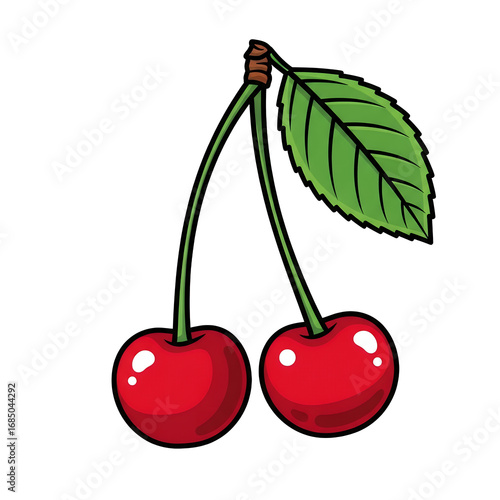 Two Red Cherries with Green Leaves Illustration  Cute Fruit Graphic Design for Summer Themes