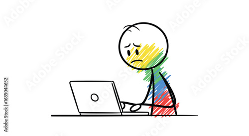 Frustrated Stick Figure Working on Laptop with Colorful Scribbles, Representing Stress
