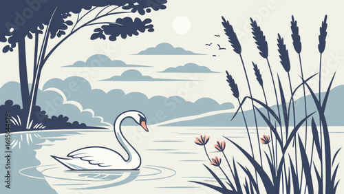 A serene lake scene featuring a graceful swan reeds and trees under a cloudy sky with birds flying by