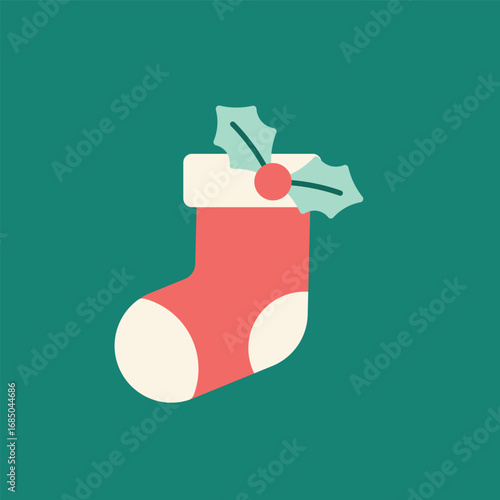 Christmas stocking with holly leaf holiday decoration flat icon