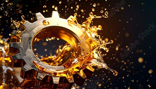 Golden gear surrounded by vibrant oil splashes
