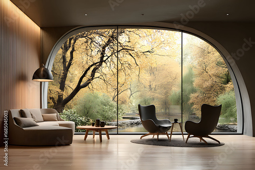 Modern Living Room Overlooking Serene Autumn Forest Through Arched Window