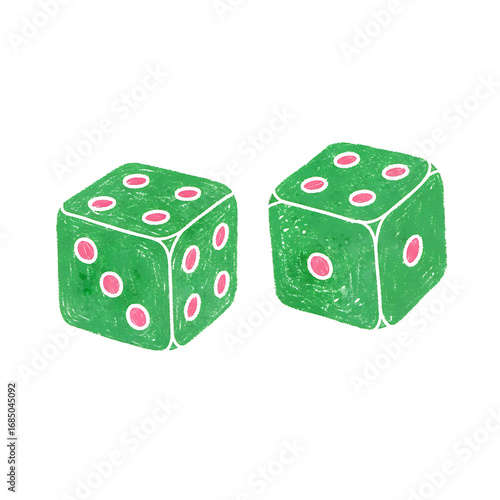 Two Green Dice Illustration with Pink Dots on a Black Background for Gaming or Chance Concepts
