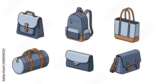 Stylish bags vector icon set with six blue and brown designs