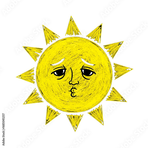 Whimsical Yellow Sun Face Drawing with Expressive Eyes and a Sad Expression Illustration
