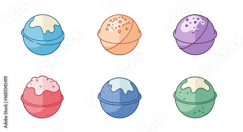 Colorful bath bombs vector icon set with six unique designs