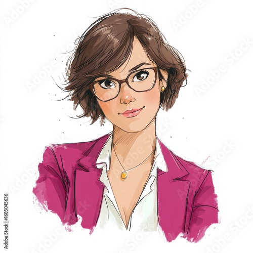 A confident woman with short, dark hair and glasses wears a vibrant blazer over a white blouse. She presents a poised expression, embodying professionalism and creativity in an artistic style.