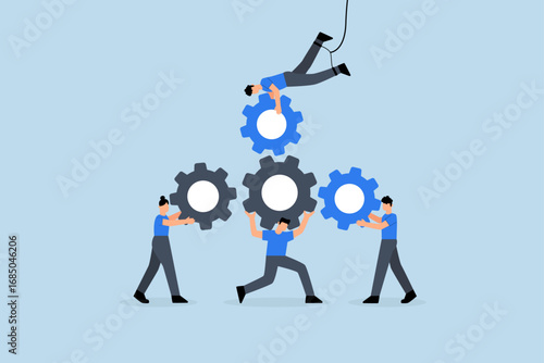 cooperate for team success, Male and female entrepreneurs collaborate to assist in linking gears or cogs