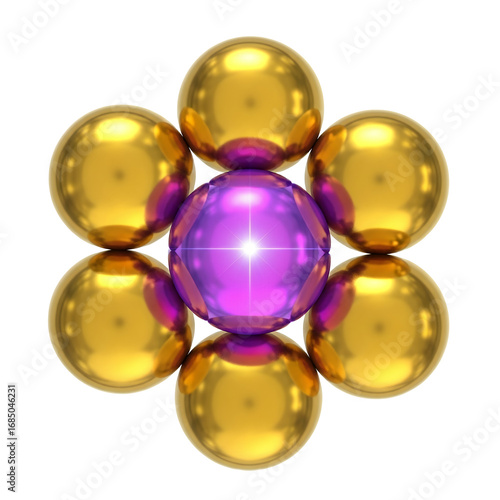 Abstract Geometric Art with Gold Spheres and a Central Purple Glowing Orb on Black Background