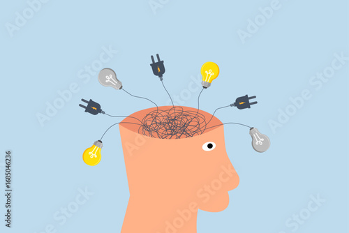 Overthinking, jumbled electrical cord and lightbulb ideas on a human head